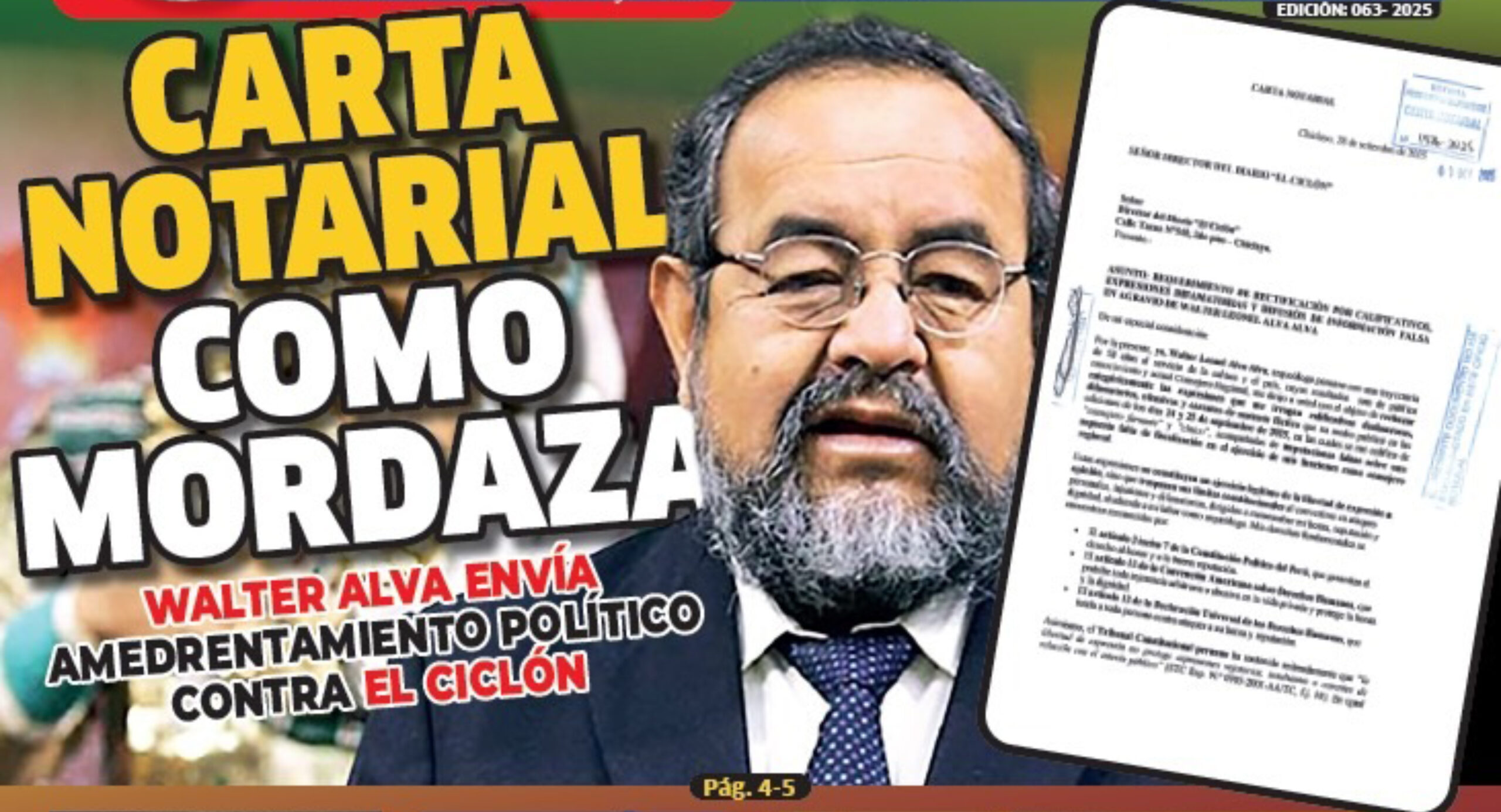 Chiclayo: Consejero regional Walter Alva envía carta notarial a diario El Ciclón