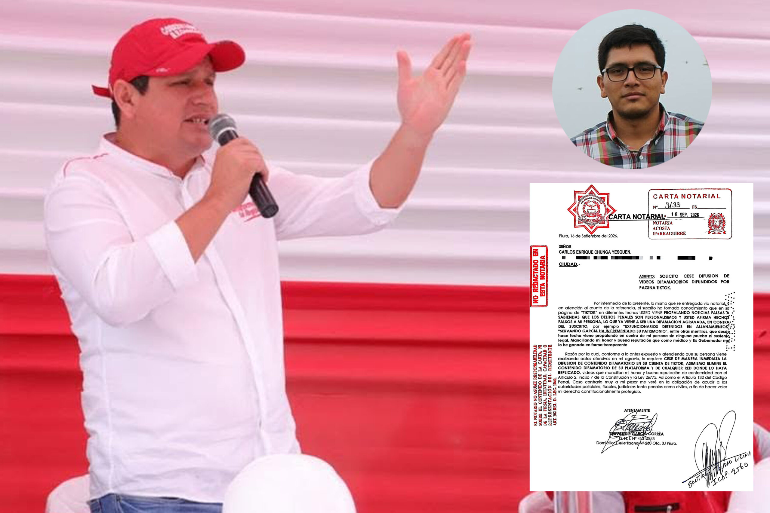 Piura: Candidato regional Servando García hostiga con carta notarial a periodista